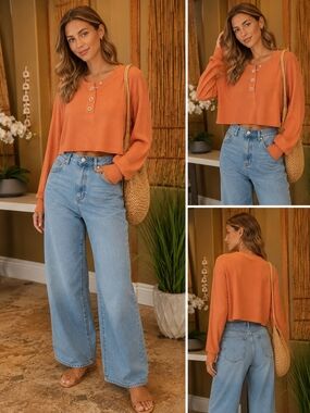 Filosofia, NWT, Cropped Henley Knit Top in Burnt Orange